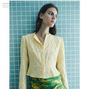 ZARA Jacquard Blazer Blouse Yellow Floral Limited Size L NEW WITH TAG!
